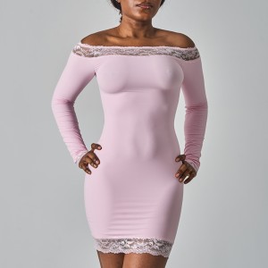 Y2K Trendy Lace Off Shoulder Bodycon Mini Dress Flare Sleeve Slim Fit