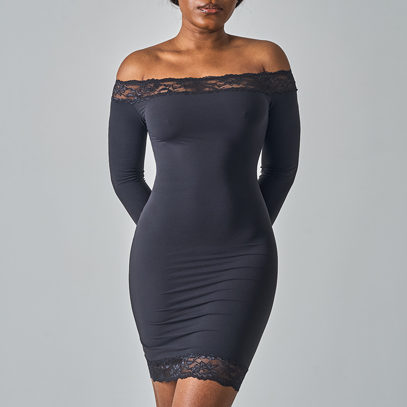 Y2K Trendy Lace Off Shoulder Bodycon Mini Dress Flare Sleeve Slim Fit 