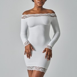 Y2K Trendy Lace Off Shoulder Bodycon Mini Dress Flare Sleeve Slim Fit 
