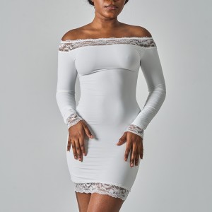 Y2K Trendy Lace Off Shoulder Bodycon Mini Dress Flare Sleeve Slim Fit