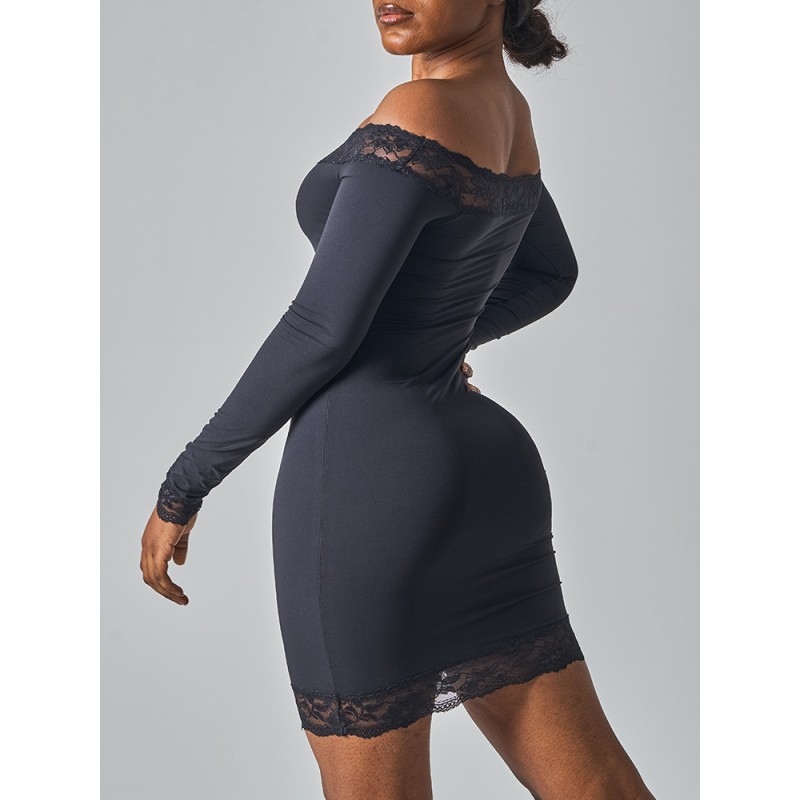 Y2K Trendy Lace Off Shoulder Bodycon Mini Dress Flare Sleeve Slim Fit 