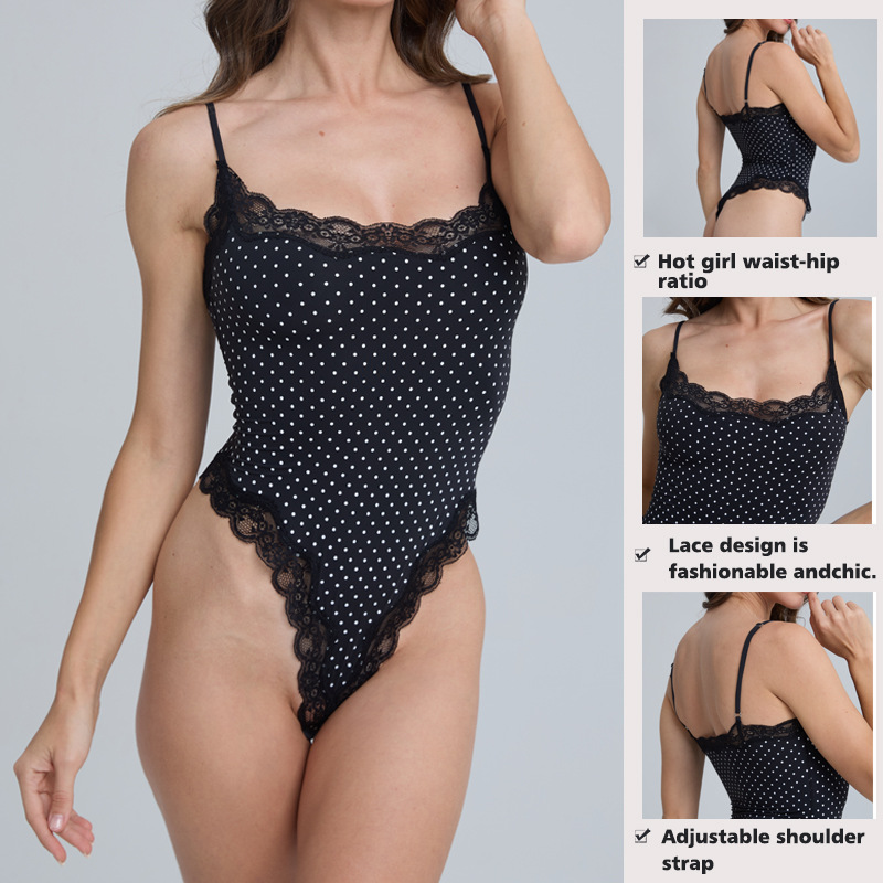 Black Lace Polka Dot Shapewear Bodysuit Adjustable Strap Slimming Tank Bodysuit 