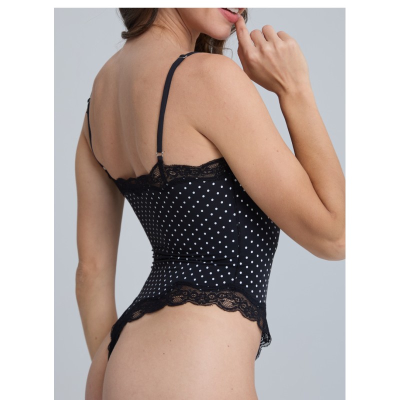 Black Lace Polka Dot Shapewear Bodysuit Adjustable Strap Slimming Tank Bodysuit 