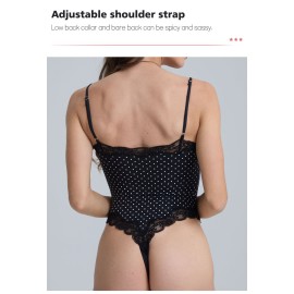 Black Lace Polka Dot Shapewear Bodysuit Adjustable Strap Slimming Tank Bodysuit 