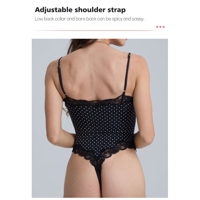 Black Lace Polka Dot Shapewear Bodysuit Adjustable Strap Slimming Tank Bodysuit 