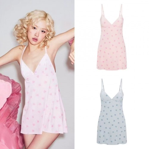 V-Neck Velvet Lace Heart Print Slip Nightdress