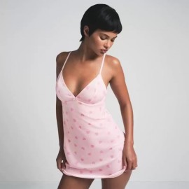 V-Neck Velvet Lace Heart Print Slip Nightdress 
