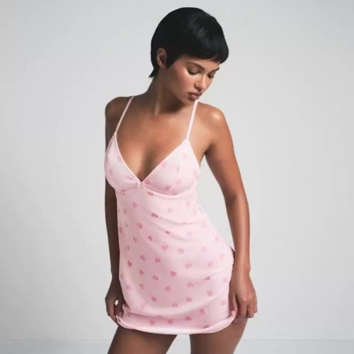 V-Neck Velvet Lace Heart Print Slip Nightdress