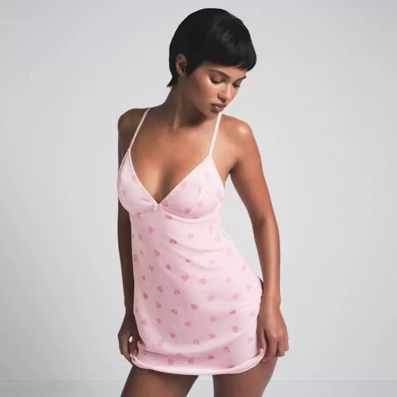 V-Neck Velvet Lace Heart Print Slip Nightdress 