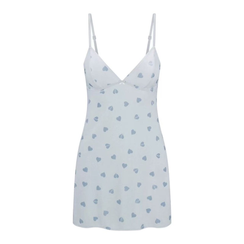 V-Neck Velvet Lace Heart Print Slip Nightdress 