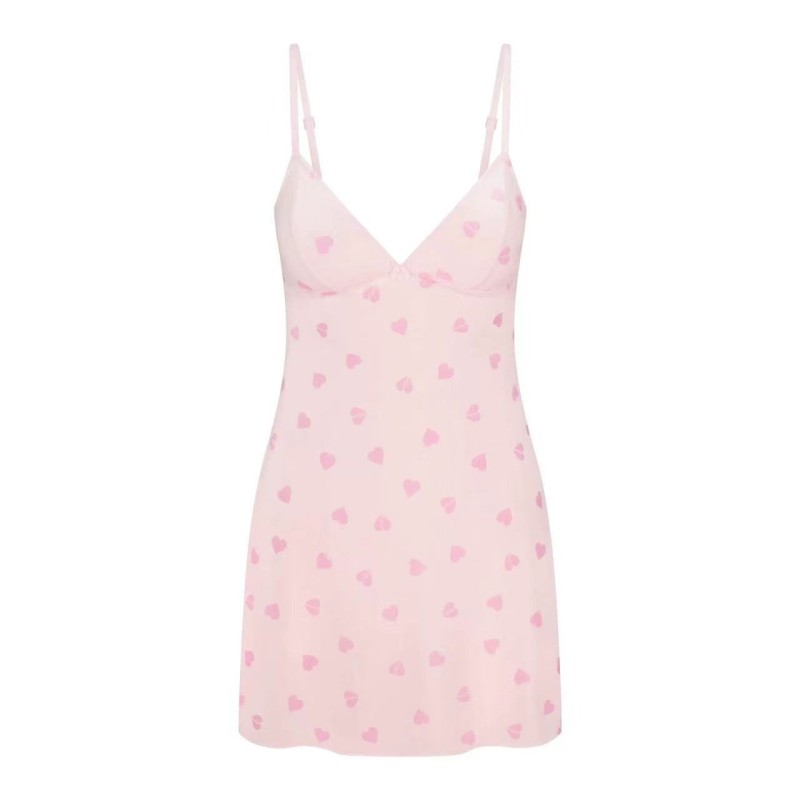 V-Neck Velvet Lace Heart Print Slip Nightdress 